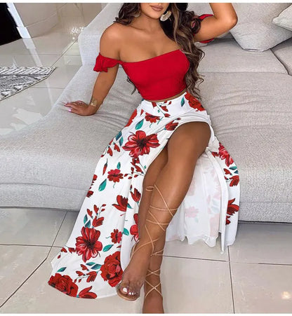 Fashionable Bohemian Two-piece Set Women's Off-shoulder Elastic Solid Color Vest With Floral Print High Waist Slit Skirt Set