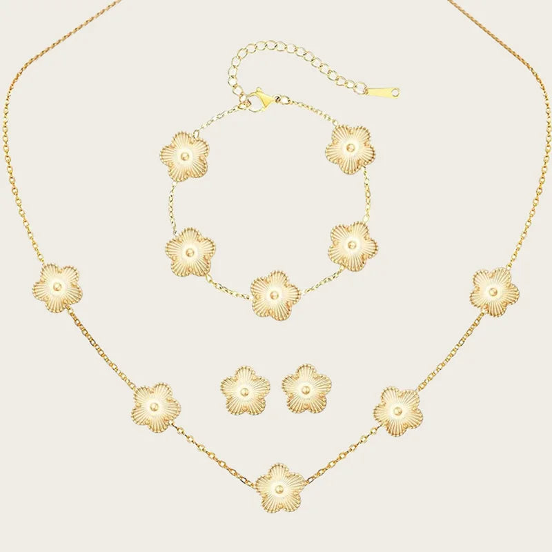 Stainless Steel Sets Earrings Necklace Bracelet Christmas Birthday Gifts Gold Plated Women's Double Sided Flower Elegant Fashion gold-color