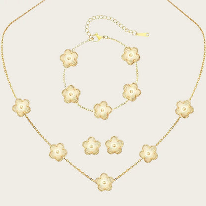 Stainless Steel Sets Earrings Necklace Bracelet Christmas Birthday Gifts Gold Plated Women's Double Sided Flower Elegant Fashion gold-color
