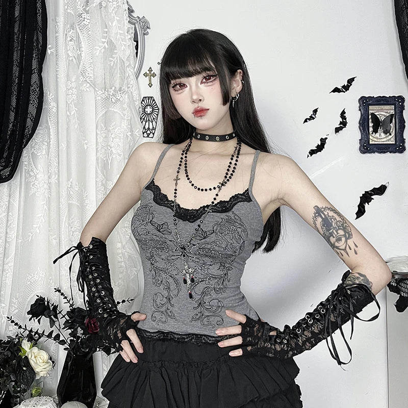 Goth Sexy Lace Corset Crop Tops Camis Y2K Harajuku Aesthetic Black Red Cross Basic Tank Top Summer Women Grunge Emo Streetwear
