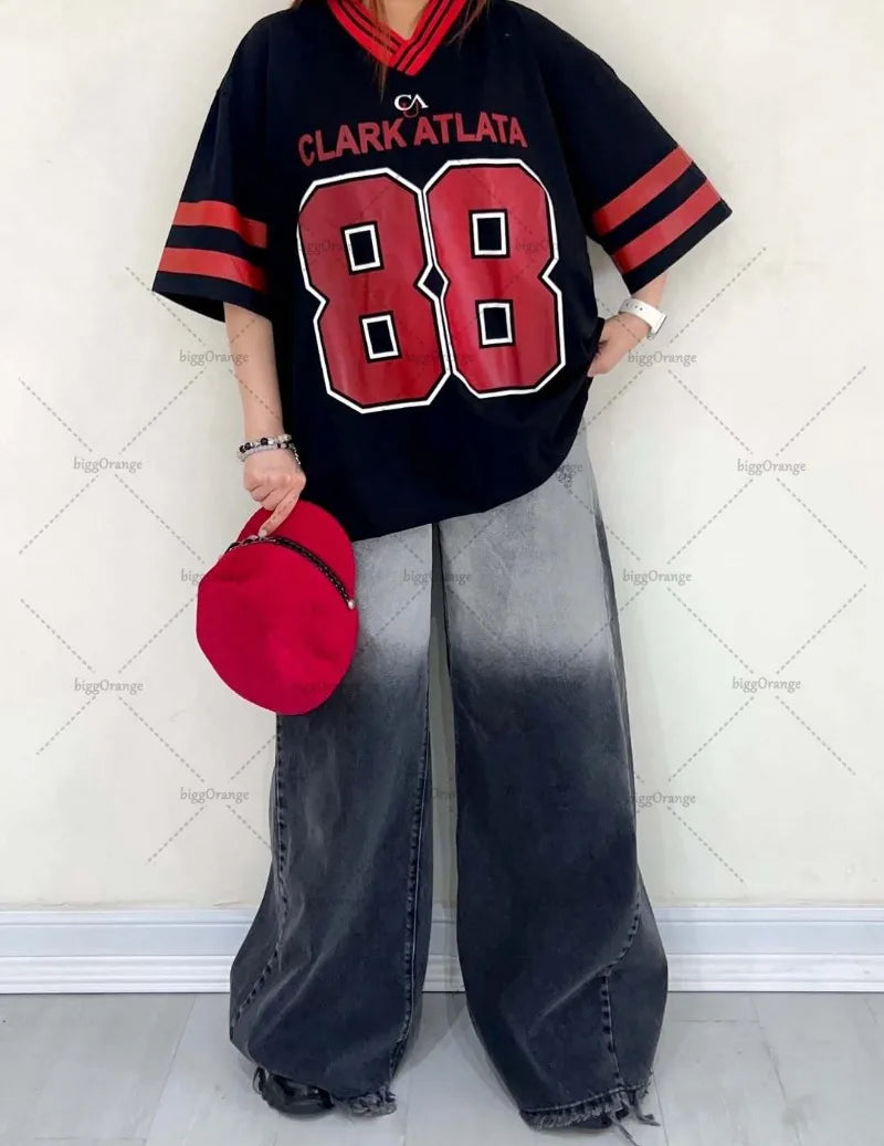 Y2K Harajuku Trendy Streetwear Top American Retro Digital Striped Print V-neck T-shirt Hip-hop Goth Casual Loose Jersey Women