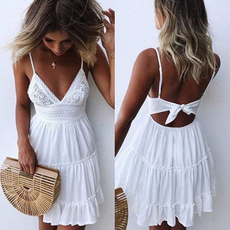 Female New Summer Fashionable Solid Color Dress Sexy Lace Strap Elegant Dresses Splicing Women's Seaside Vocation Wear WHITE