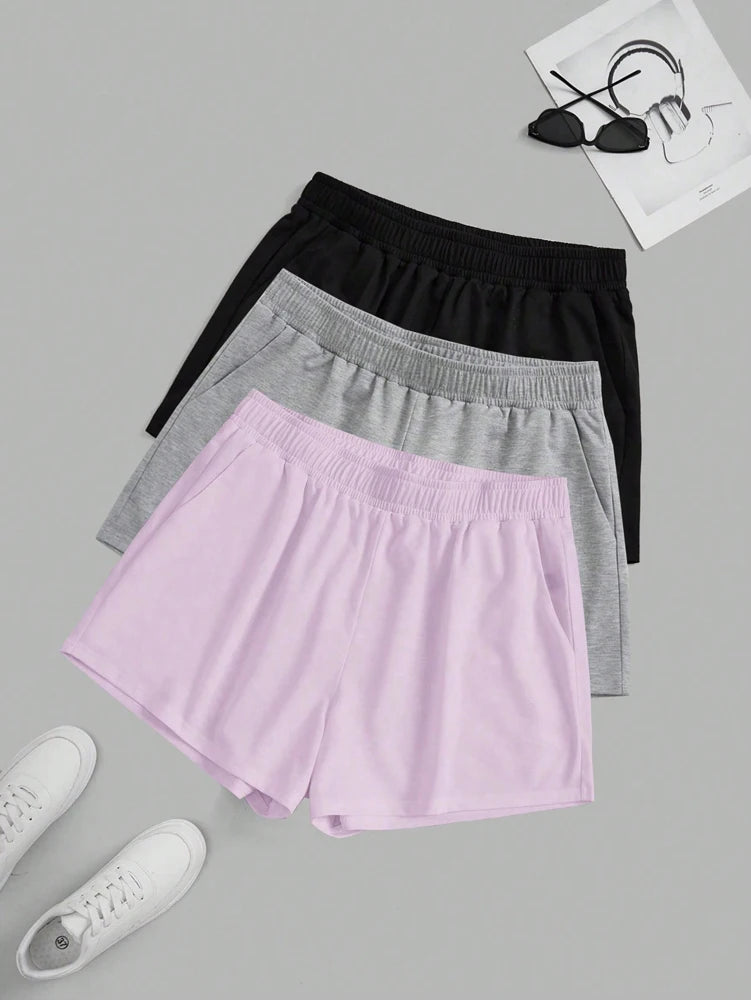 Plus Size Women's Elastic Waist Biker Shorts 3 Piece Running Workout Yoga Shorts Best for Summer Polyester Pink