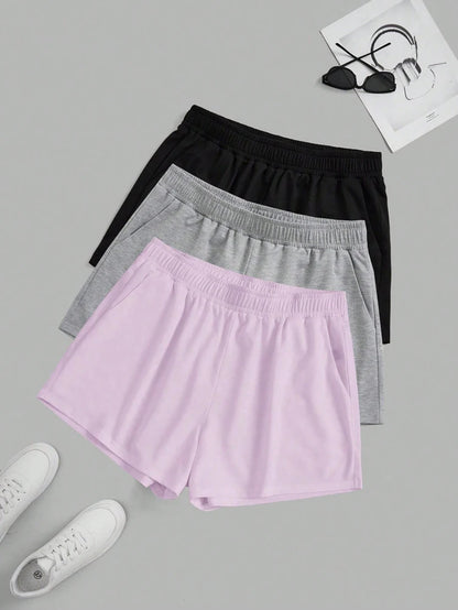 Plus Size Women's Elastic Waist Biker Shorts 3 Piece Running Workout Yoga Shorts Best for Summer Polyester Pink