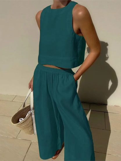 Women's Solid Color Casual Sleeveless Shirt And Pants Two Piece Summer Loose Simple Wide Leg Pants Vest Female 2025 Emerald Green
