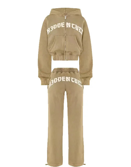 Patchwork 2 Piece Set Tracksuit Women Zip Wide Waist Crop Hooded Pocket Jacket + Sporty Pants Matching Casual Basic Suit Brown set