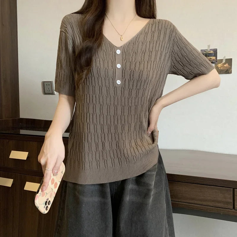 Plus Size Women's Summer New Style Slim Fit Knitted Top Belly Covering T-Shirt for Plump Sister V-Neck Big Code Sweater