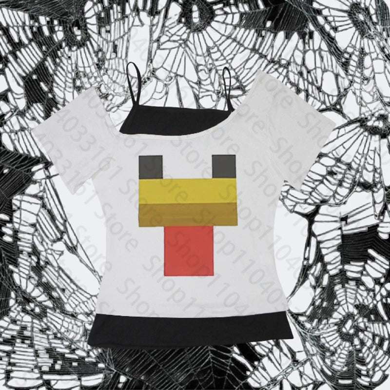 Harajuku Streetwear Sweet Girls Sexy T-Shirts Graphic 2000s Cute Womens Printed Aesthetic Fairy Off shoulder top Y2k Clothes Ivory