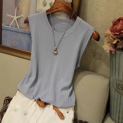 Summer Women Knitted Loose Sweater Vests Sexy O-Neck Sleeveless Knitwear Tank Tops YRFZ-N6634 Light Blue one size