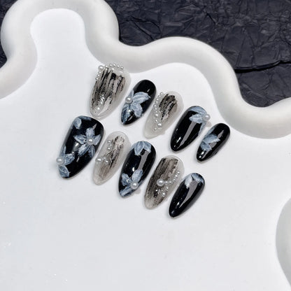 Handmade Press on Nails White Pearl Design Fake Nails with Flower Decor Wearable Detchable Fake Nails for Women DIY Manicure