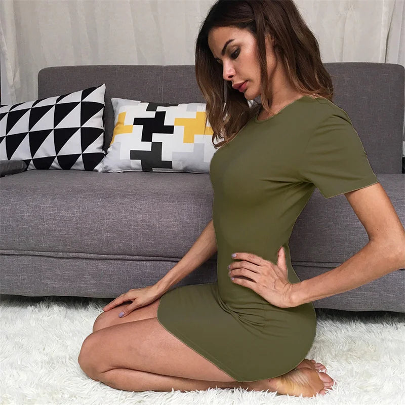 Summer Women Short Sleeve Dresses Ladies Solid Color O-Neck Bodycon Stretch Slim Mini Dress Vestidos QT035