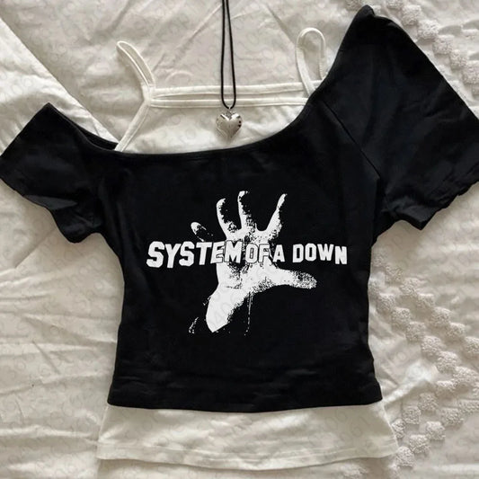 Y2k style graphics Gothic Emo Punk Fake Two-piece Off Shoulder T-shirt Vintage Gothic Women Corset Summer Tank Top Sexy Tee black