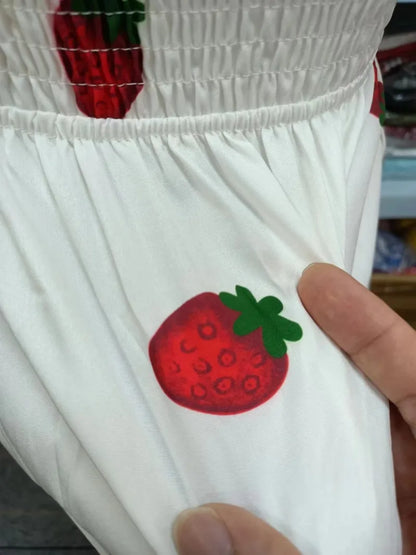 Vintage Kawaii Strawberry Dress Women Sexy Ruffle Puff Sleeve Off Shoulder Embroidery Summer Party Dresses 2023 Korean Elegant