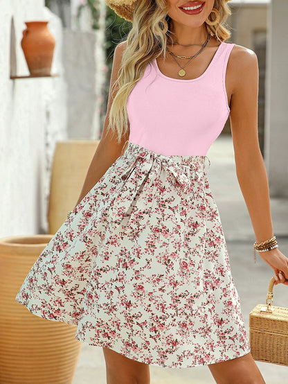 New Summer Woman Elegant Lace-up Sleeveless A-Line Dress,beach Dress For Ladies,Woman Clothing,Floral Dresses