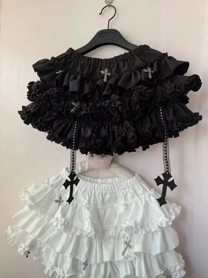Emo Women Y2K Japanese Goth Elastic Waist Cross Mini Short Skirt High Waist Aesthetic Acubi Ruffle Skirts A-line 2000s Clothes