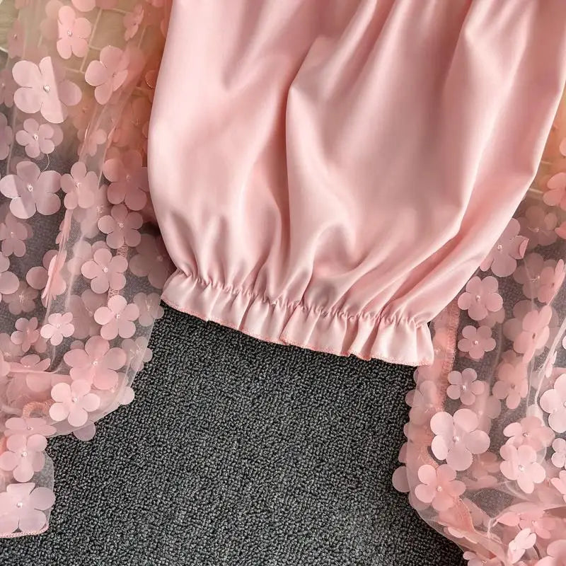 Off Shoulder Sexy Lace Blouses Women 2025 Spring Summer Korean Fashion Long Sleeve Tops Slim Flower Transparent Chiffon Shirts