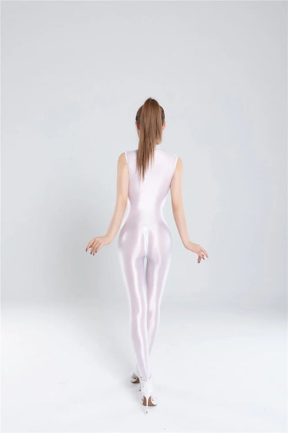 Zipper Open Crotch Sleeveless Jumpsuit Shiny Glossy Smooth Sheer See Through Bodysuit Sexy Bodycon Shapping Onesie Women Badiee Stylez