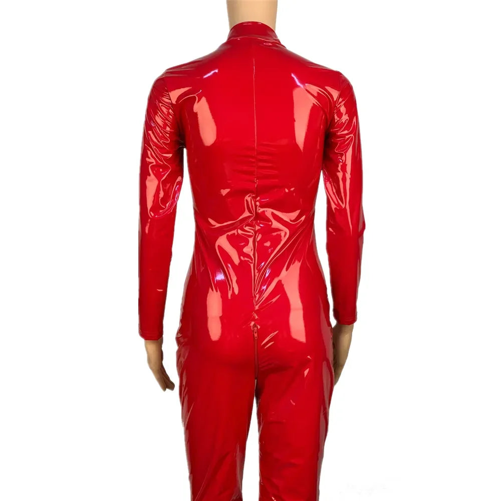 Women's Wet Look Shiny PU Faux Leather Jumpsuit Suit Long Sleeve Zipper Open Crotch Latex Bodysuit Clubwear Plus Size Badiee Stylez