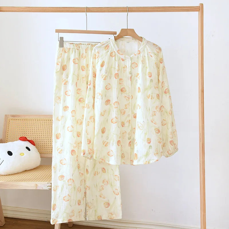 2025 New Women's Spring/Summer Pajama Set 100% Cotton Long Sleeve Long Pants Two Piece Set Large Home Clothes 05