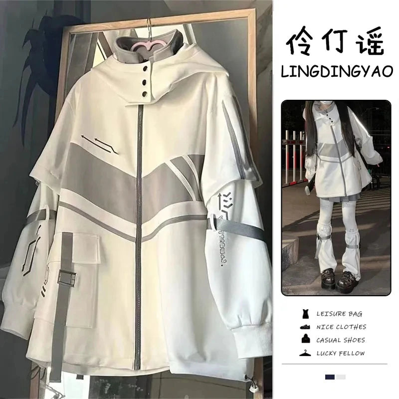 Japanese Oversized Hoodies Streetwear Vintage Contrast Coats Women Loose Y2k Aesthetic Jackets2025 Casual Grunge Zipper Tops Badiee Stylez