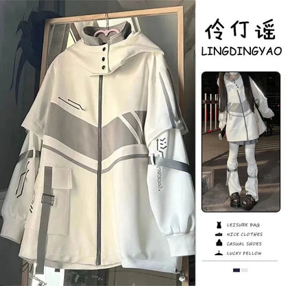 Japanese Oversized Hoodies Streetwear Vintage Contrast Coats Women Loose Y2k Aesthetic Jackets2025 Casual Grunge Zipper Tops Badiee Stylez