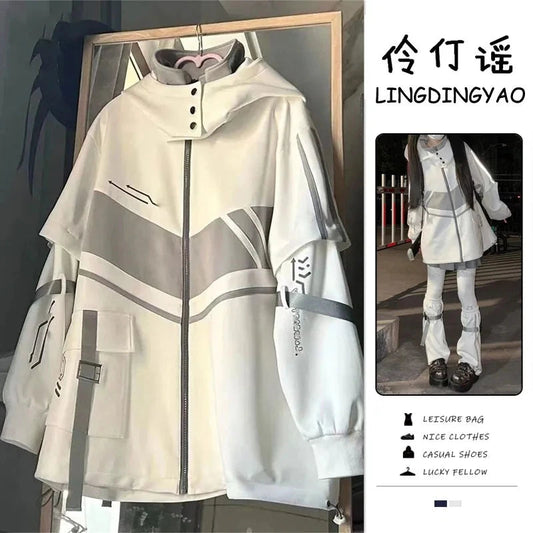 Japanese Oversized Hoodies Streetwear Vintage Contrast Coats Women Loose Y2k Aesthetic Jackets2025 Casual Grunge Zipper Tops Badiee Stylez