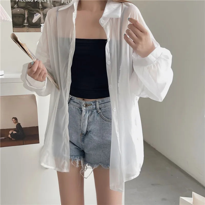 Semi Sheer Long Sleeve Shirt for Women Shimmer Button Down Collared Plain Lightweight Shirt Spring Summer Chic Tops Outfit