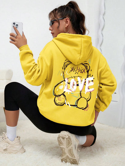 Graffiti Line Bear Simple Print Female Hoody Harajuku S-Xxl Sweatshirt Fashion Casual Street Hooded Autumn Warm Streetwear Women Yellow