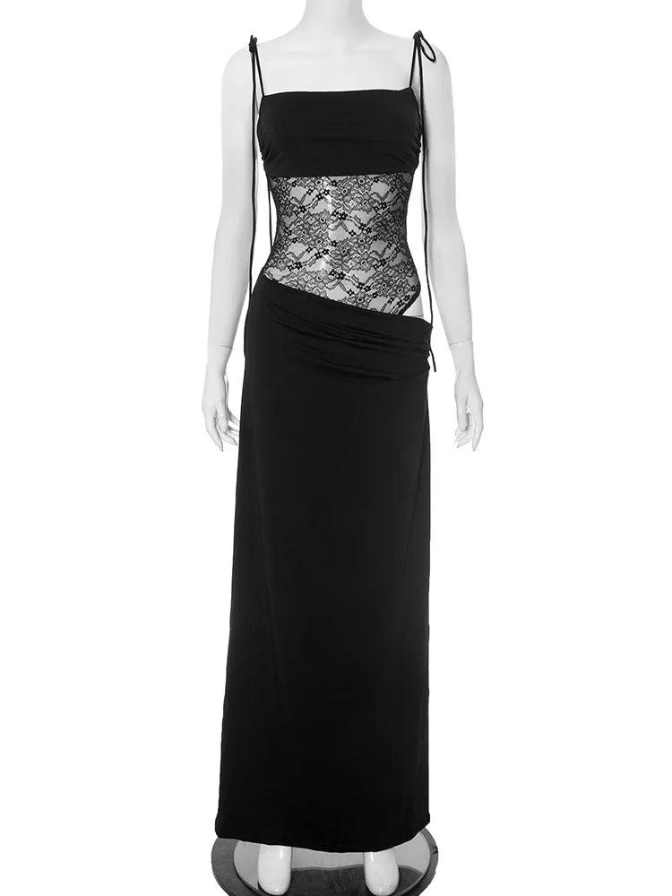 Elegant Lace Cut Out Maxi Dresses for Women 2025 Sexy Spaghetti Strap Patchwork Holidays Party Dress Summer Backless Long Dress Black