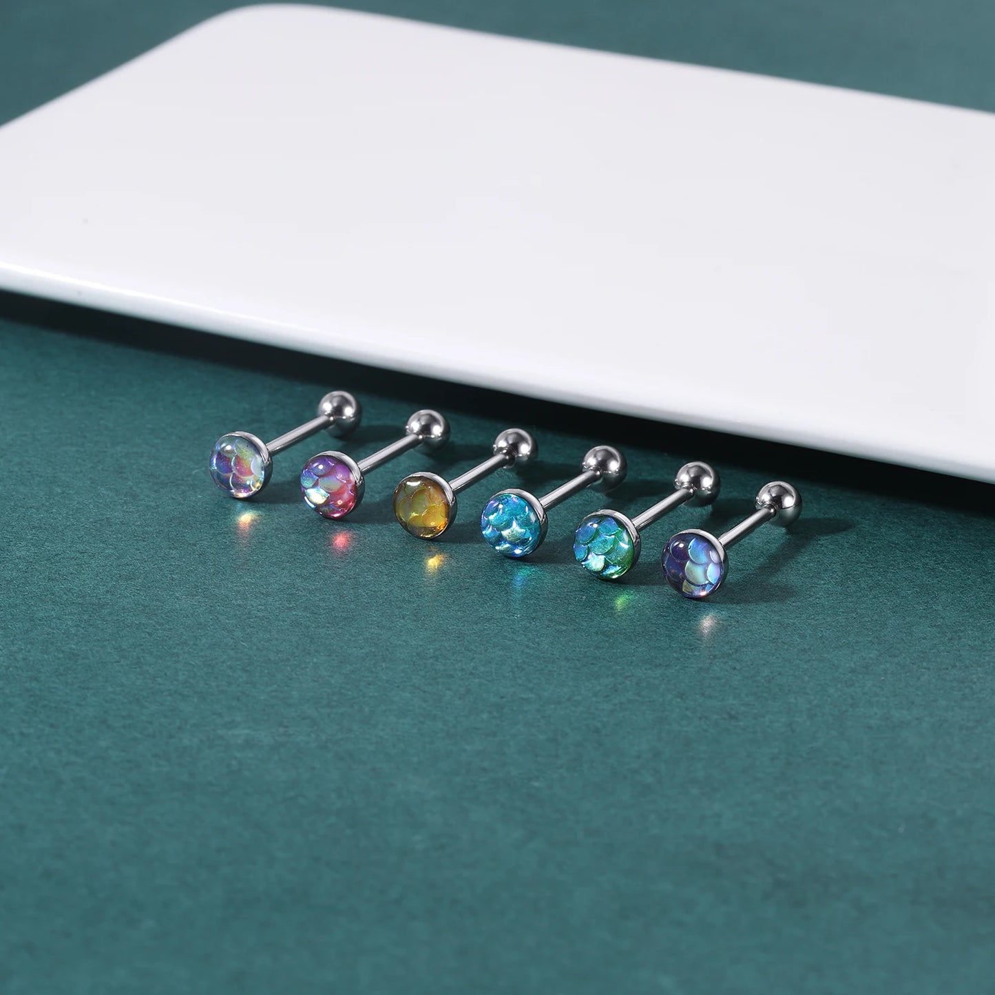 ZS 1Piece 14G Oil Luminescence Tongue Piercing Rings Stainless Steel Tongue Stud Skull Star Studs Earrings BCR Piercings Jewelry Badiee Stylez