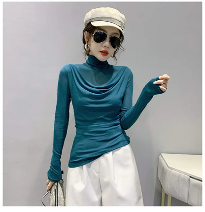 Sexy Mesh Basic T-shirts Women 2025 Fashion Turtleneck Casual Long Sleeve Y2k Tops Korean Clothes Woman Black Winter T Shirt 4XL