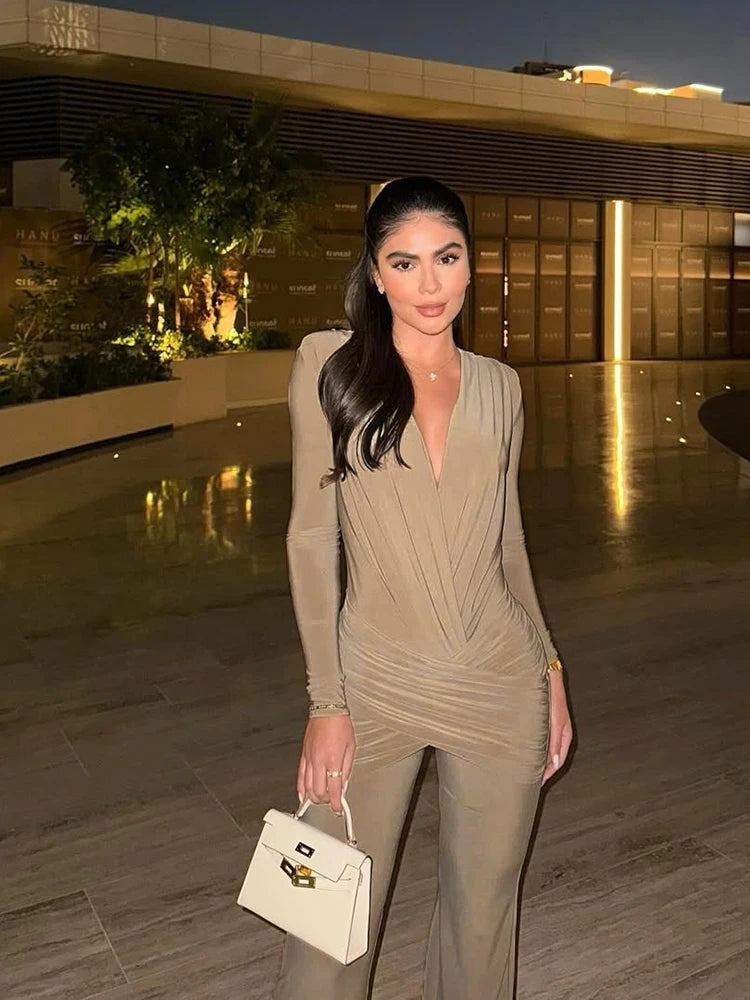 InGrily Simple Smooth Jumpsuit Women Cross v-Neck Long Sleeve Folds Skinny Solid Sexy Hipster Elegant Street Classic Chic Outfit Badiee Stylez