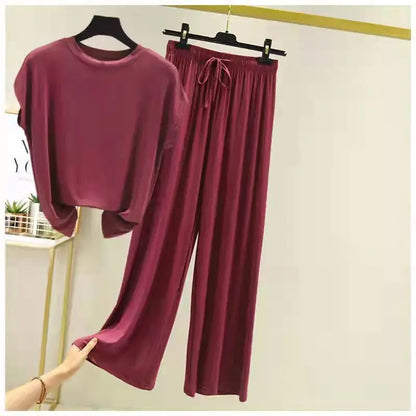 Modal Loose Homewear set O-neck Tshirts short sleeves and Wide leg pants Casual streetwear suit all match
