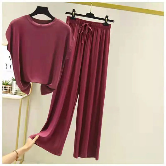 Modal Loose Homewear set O-neck Tshirts short sleeves and Wide leg pants Casual streetwear suit all match