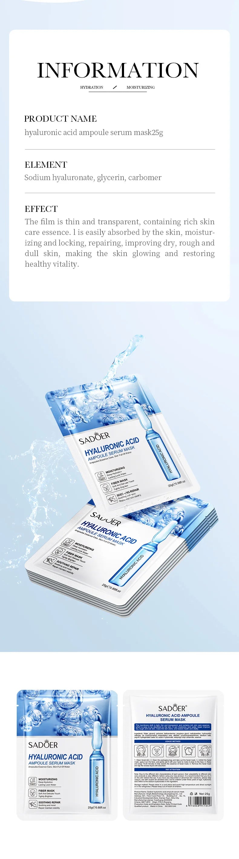 12pcs Hyaluronic Acid Hydrating Facial Mask Sheet Masks For Face Hydrating Shrinking Pores Moisturizing Face Masks Skin Care