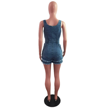 Women Denim Rompers Shorts Jeans Overalls High Waist Spliced Washed Jean Tassel Pockets One Piece Casual Skinny Solid 2025