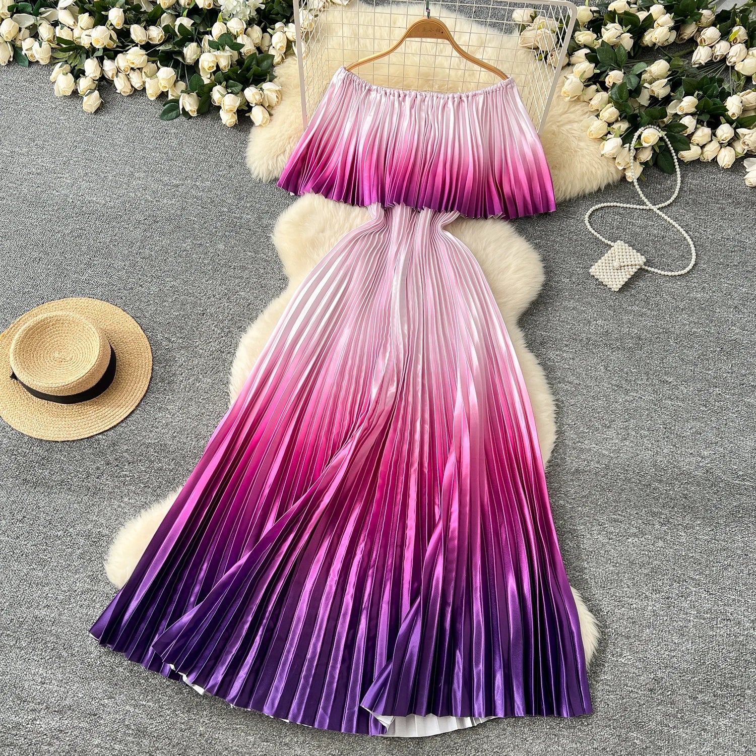 SINGREINY 2025 Gradient Party Long Dress Female Off Shoulder Elastic Waist A Line Sundress Vacation Luxury Pleated Maxi Dresses