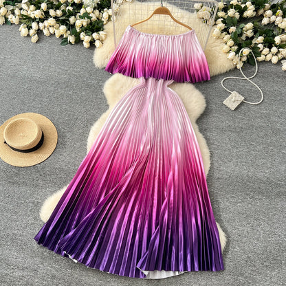 SINGREINY 2025 Gradient Party Long Dress Female Off Shoulder Elastic Waist A Line Sundress Vacation Luxury Pleated Maxi Dresses