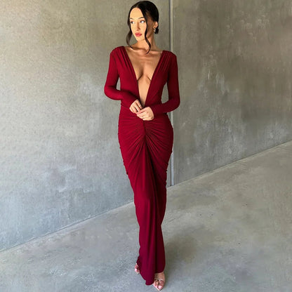 Women Sexy Elegant Long Dress Long Sleeve Backless Bodycon Slit Dress Autumn Evening Party Dresses Female Badiee Stylez