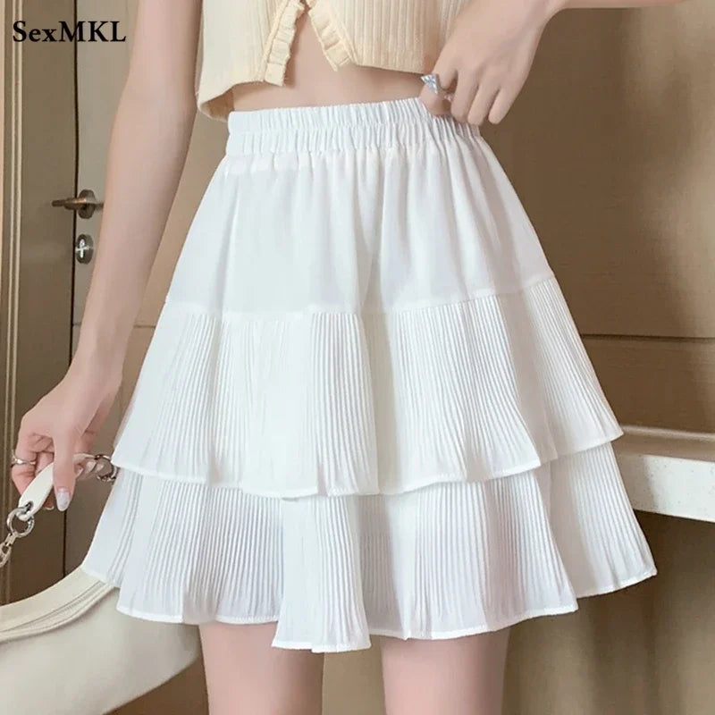 Casual Summer Ball Gown Pleated Skirts Women 2024 Korean Fashion Clothing Faldas Largas High Waist Black White A Line Mini Skirt