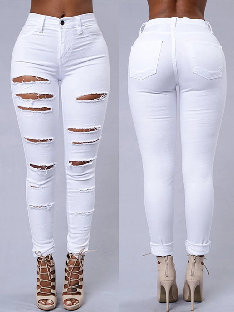 Fashion Stretchy Ripped Skinny Black Jeans Women Zipper Hollow Out Denim Jeans Casual Lady Street Bottoms