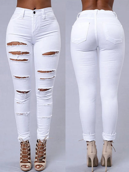 Fashion Stretchy Ripped Skinny Black Jeans Women Zipper Hollow Out Denim Jeans Casual Lady Street Bottoms