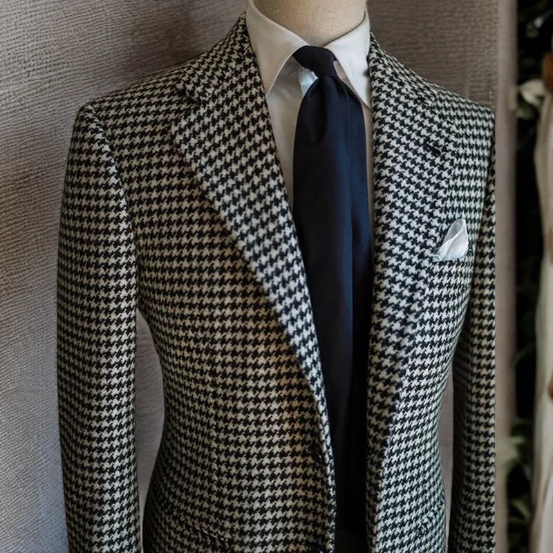 Houndstooth Business Blazer for Men 2023 Plaid Notched Lapel Suit Jacket Formal Male Fashion Coat Same as Model