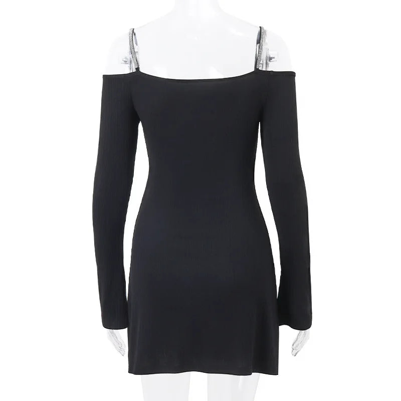 Sexy Black Dresses Autumn New Women Mini Dresses Streetwear Fashion Folds Long Sleeves V-Neck Dress Casual Slim Elegant Clothing