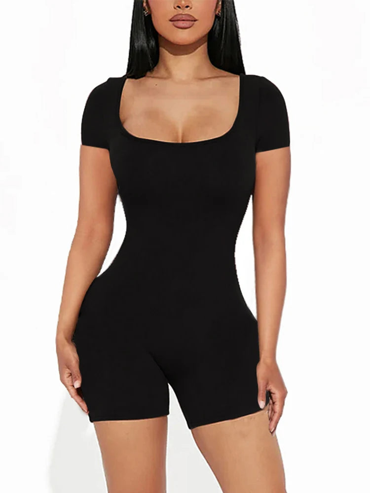 2025 Summer New Women's Sexy Solid Color Short Sleeve U Neck Jumpsuit Short Jumpsuit Yoga Fitness One Piece Polyester Black