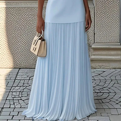 Fashion Sleeveless Long Dresses for Women Temperament O Neck Spliced Pleated Vestidos 2025 Vacation Party Evening Two Piece Set