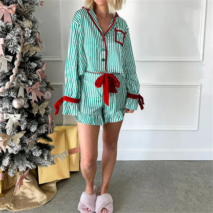 Striped Loungewear Christmas Pajamas Shorts Set Women Y2k Cute Bow Tie Pjs Button Up Shirt+Ruffle Shorts 2 Piece Sleepwear