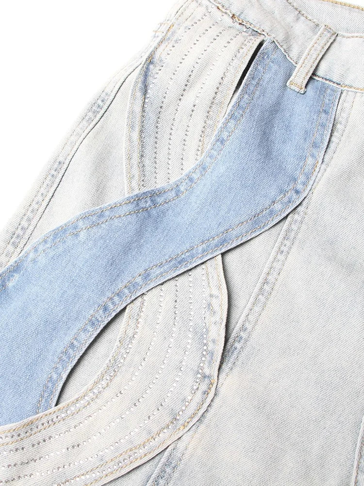 VGH Crisscross Hit Color Streetwear Denim Trousers For Women High Waist Patchwork Pockets Hollow Out Split Pants Female 2024