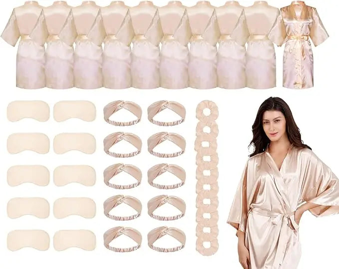10 Pack Bridal Party Bride Spa Robes with Eye Masks Headband Hair Ties for Wedding Getting Ready Robes Champagne One Size