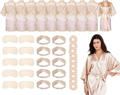 10 Pack Bridal Party Bride Spa Robes with Eye Masks Headband Hair Ties for Wedding Getting Ready Robes Champagne One Size
